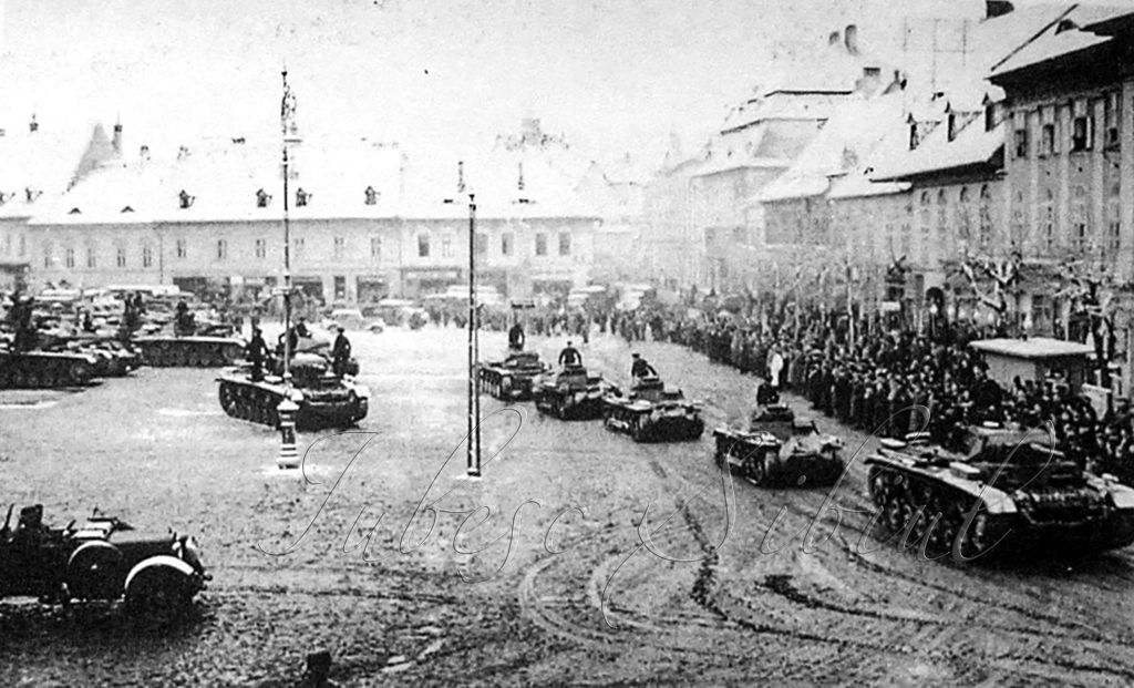 hermannstadt ,sibiu, nagyszeben - panzere în großer ring ,piaţa mare - al doilea razboi mondial - iarna 1940