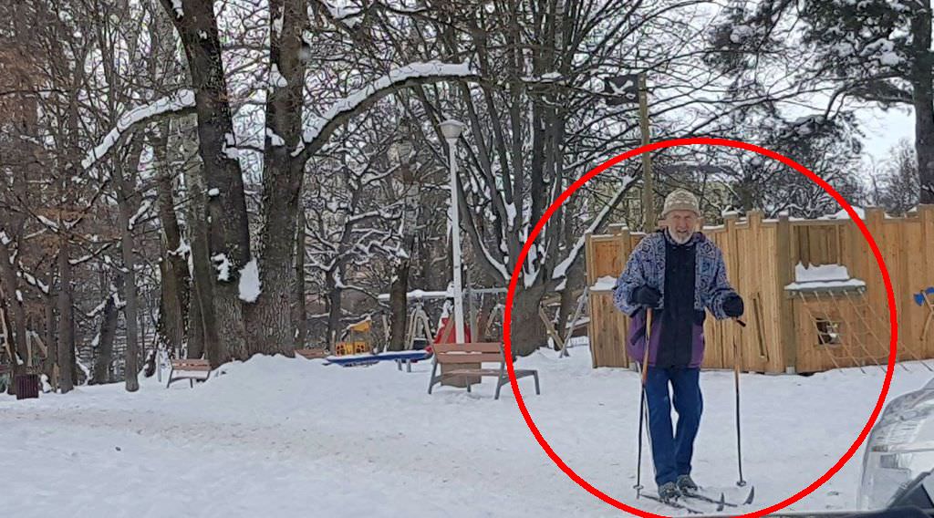 video – foto un bătrânel a ieșit la schiat prin parcul sub arini. a dat câteva ture
