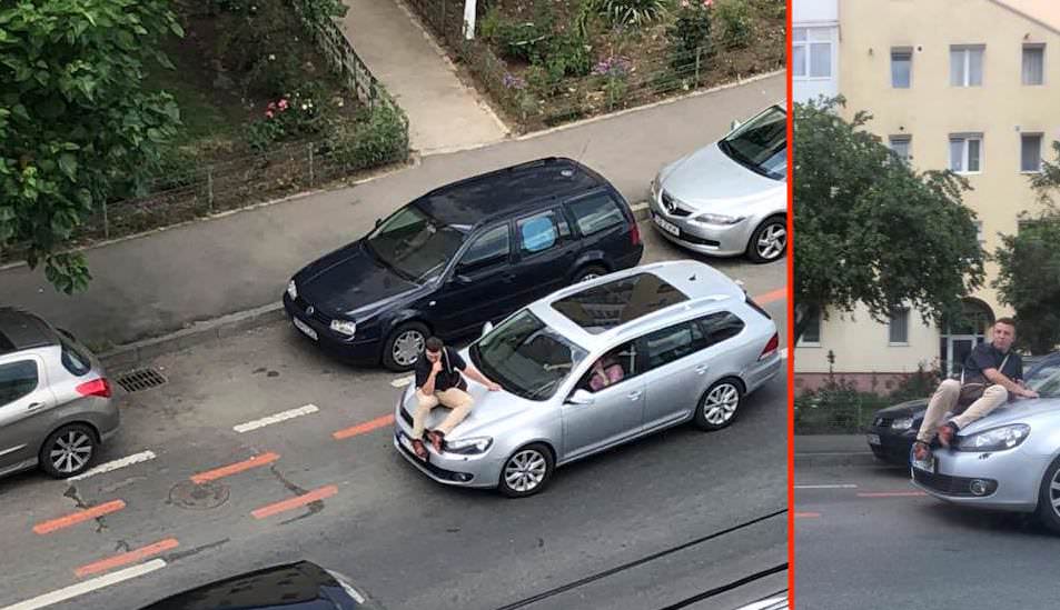 foto - divorț tranșat în stradă la sibiu. s-a suit pur și simplu pe mașina soției