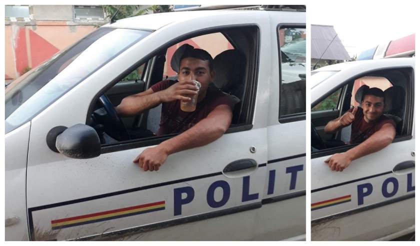 FOTO - Anchetă după ce un tânăr s-a pozat bând bere în mașina poliției