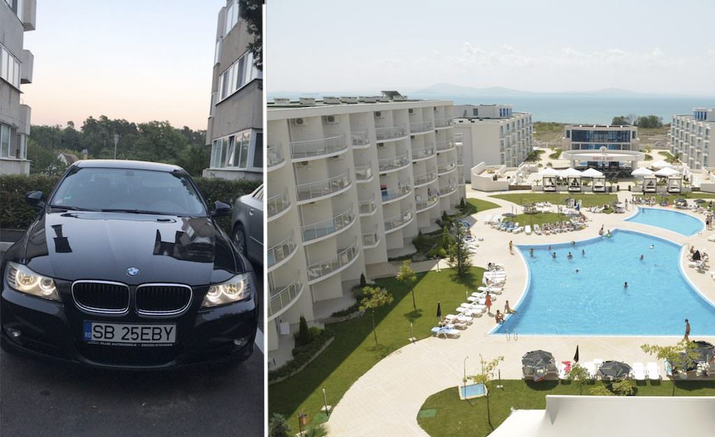 foto - mașina unor sibieni furată în bulgaria din fața hotelului