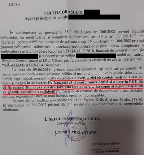 Polițist din Vâlcea cercetat disciplinar din cauza unui comentariu pe Facebook