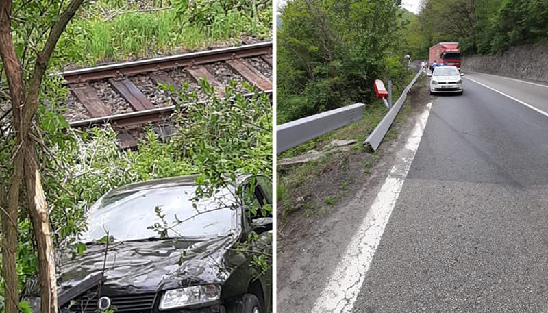 foto la un pas de o nenorocire – s-a răsturnat cu mașina lângă calea ferată pe valea oltului