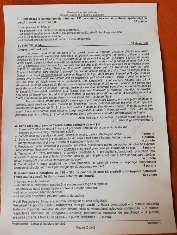 evaluarea națională la limba română - lista subiectelor