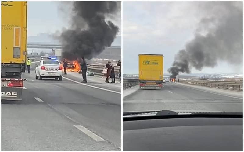 update video foto o mașină arde ca o torță pe autostrada sibiu - sebeș
