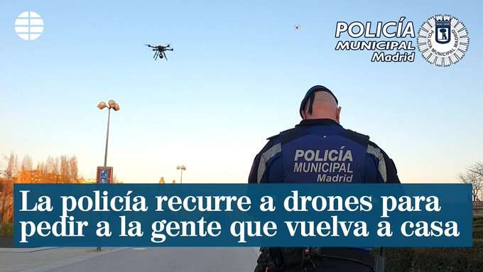 video coronavirus - drone cu portavoci îi avertizează pe locuitorii madridului să rămână în case