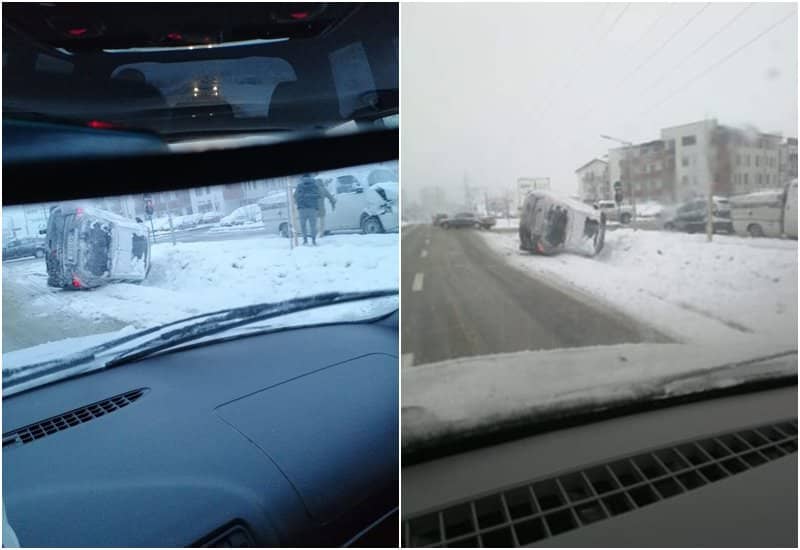 foto: prima victimă a zăpezii - mașină cu roțile-n sus pe calea cisnădiei