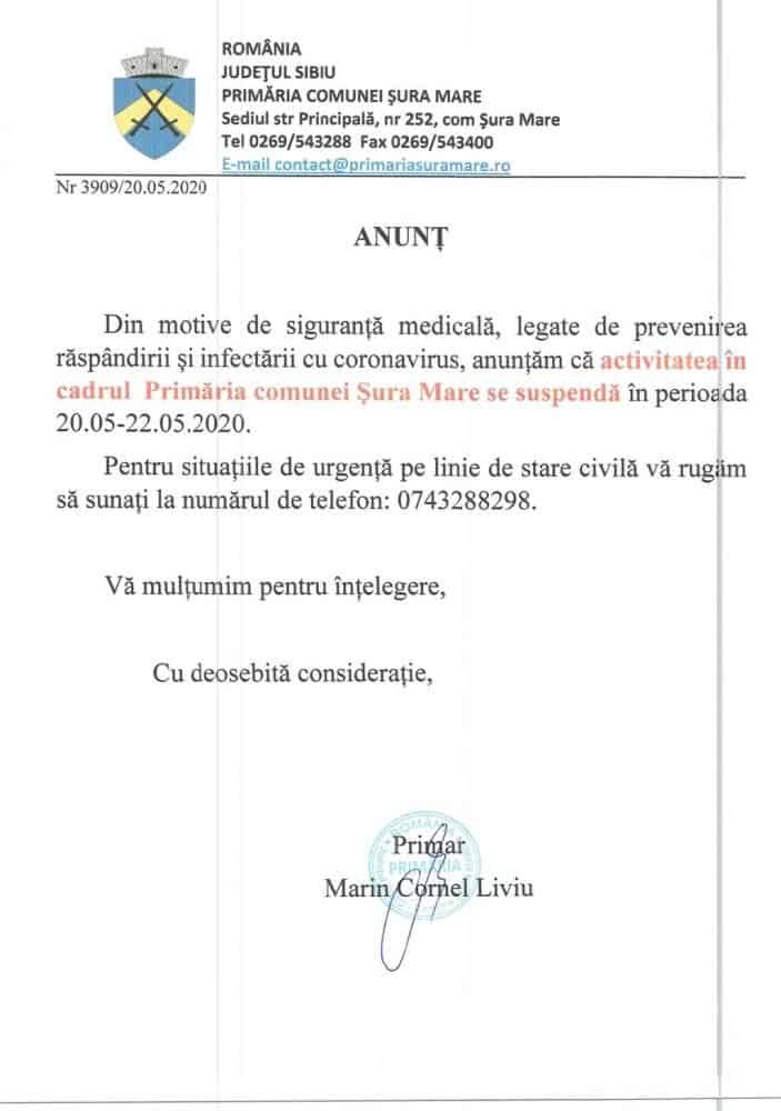 Angajată a primăriei din Șura Mare bolnavă de coronavirus - Primarul: „Am fost toți testați”