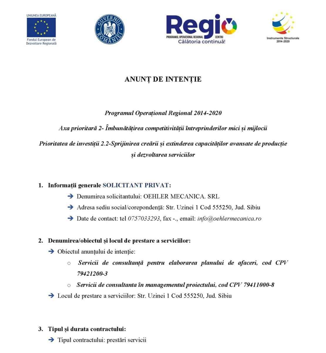 anunț de intenție - programul operațional regional 2014-2020