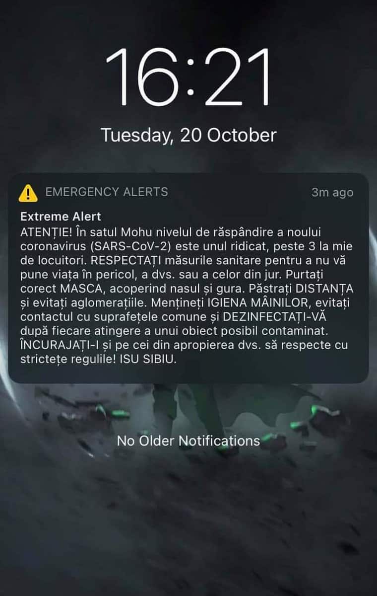 Mesaje RO-ALERT pe telefoanele persoanelor din mai multe localități sibiene