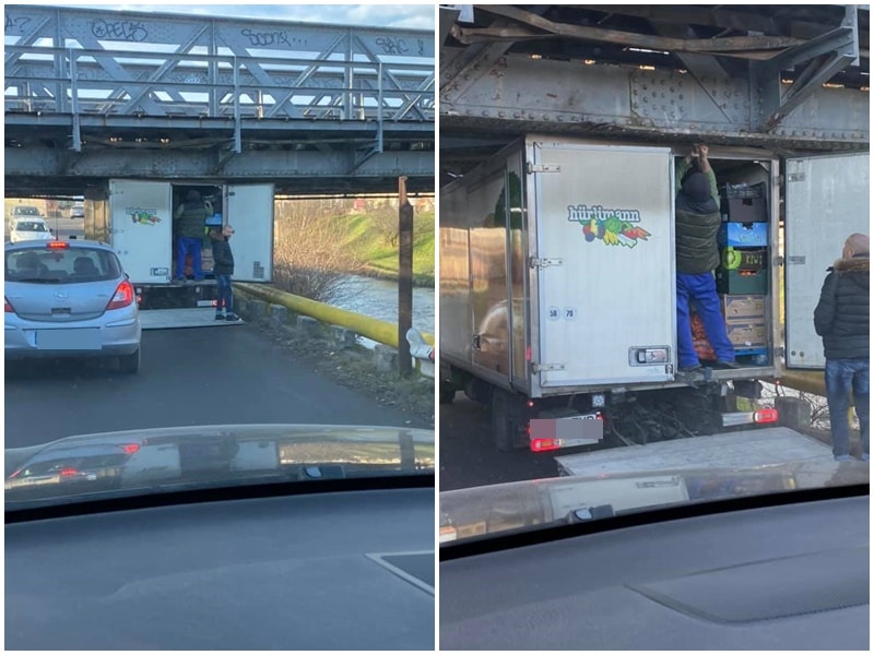 foto - încă un "norocos" blocat sub podul de pe strada viitorului - camionul era plin cu legume