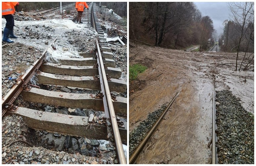 foto: cinci trenuri de călători afectate în urma surpării terasamentului căii ferate pe valea oltului