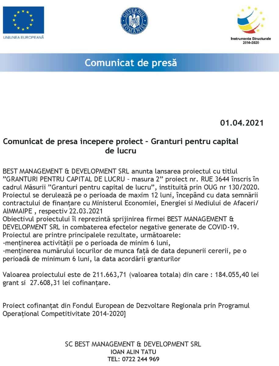 Comunicat de presa incepere proiect – Granturi pentru capital de lucru