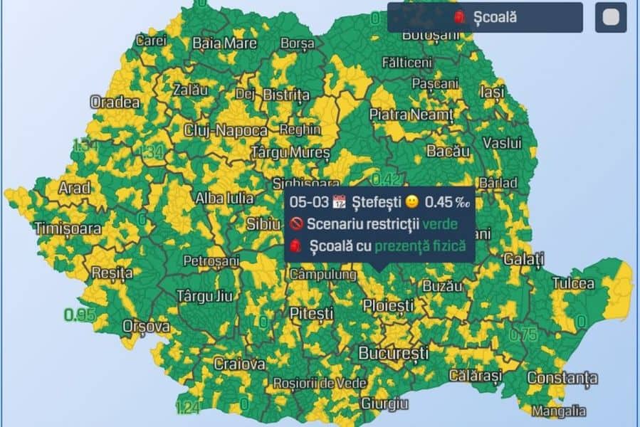 util - hartă în timp real cu scenariile pentru școlile din fiecare localitate