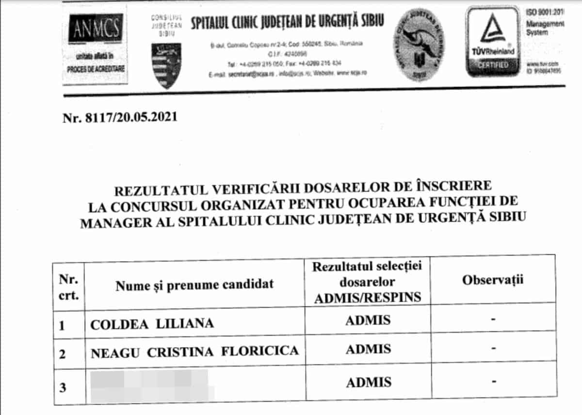 trei candidați pentru postul de manager al spitalului județean sibiu - coldea candidează din nou