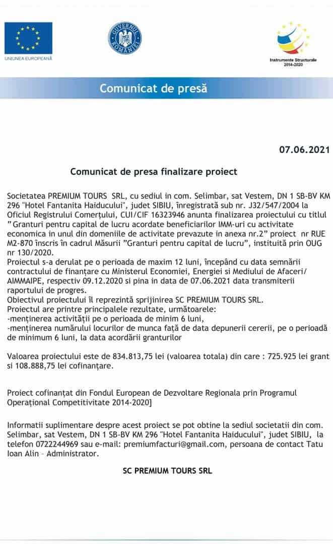 comunicat de presă finalizare proiect sc premium tours srl