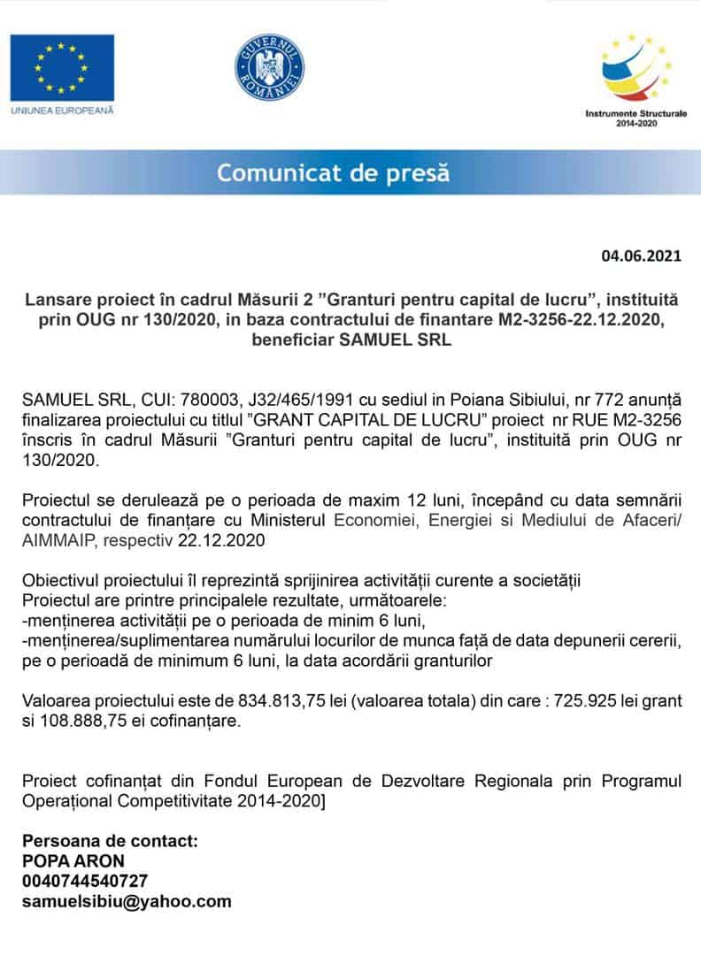 lansare proiect în cadrul măsurii 2 ”granturi pentru capital de lucru”, beneficiar samuel srl