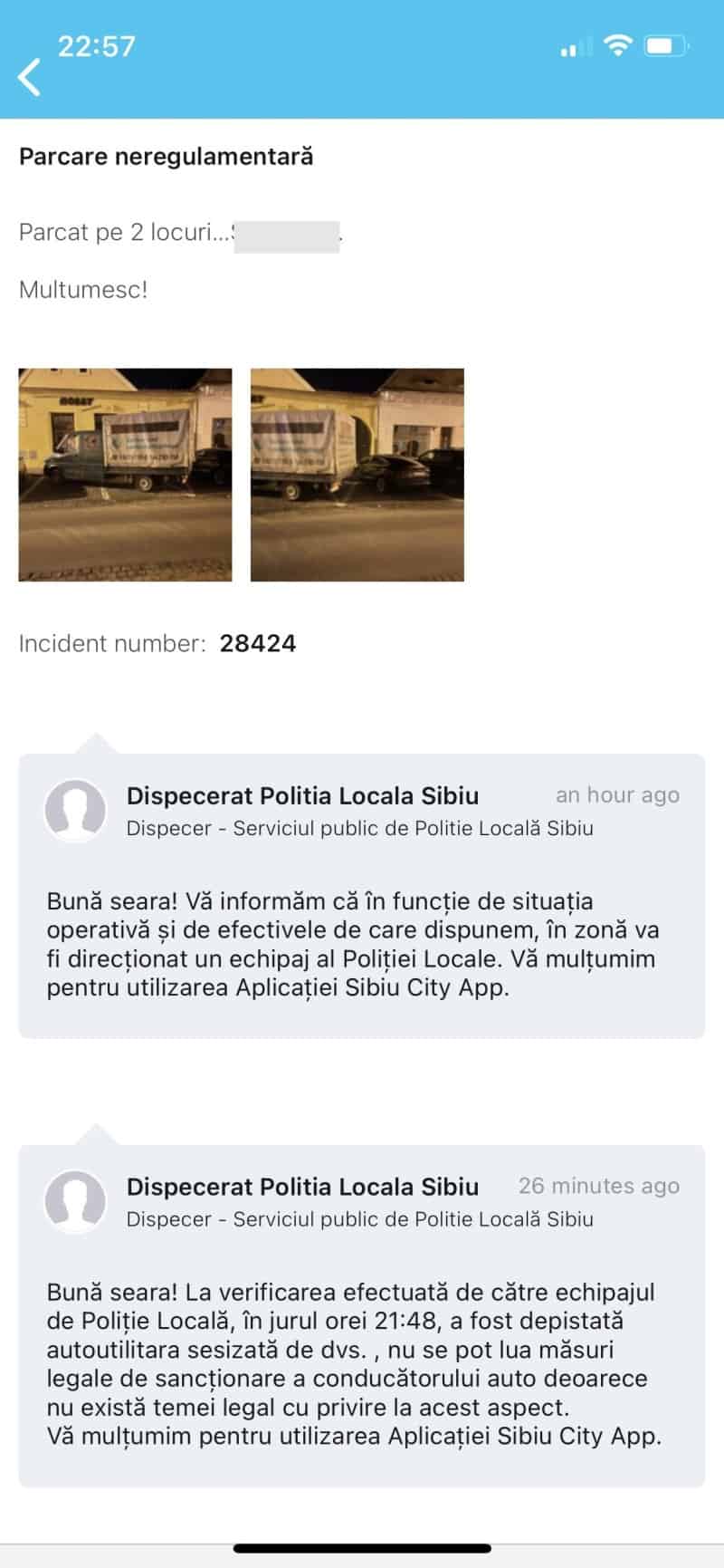 gafa poliției locale din sibiu - răspuns halucinant dat unui sibian care a reclamat că o mașină este parcată aiurea