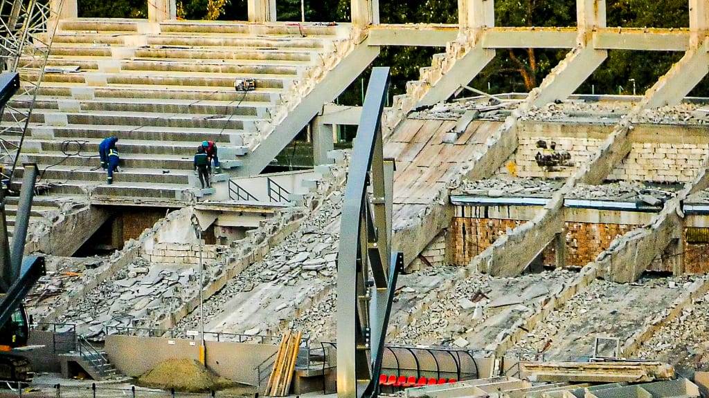 video foto stadiul lucrărilor la stadionul municipal - proiect modificat: tribuna principală, demolată