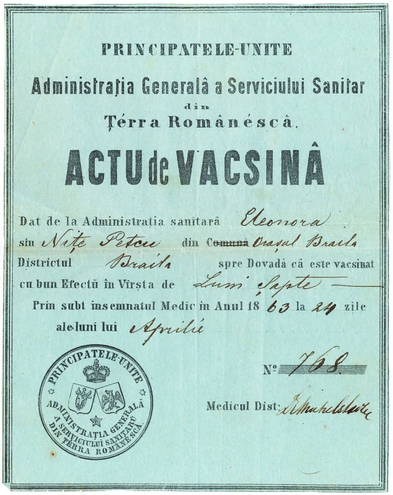 fotografie cu o adeverință de vaccinare emisă în românia acum mai bine de 150 de ani