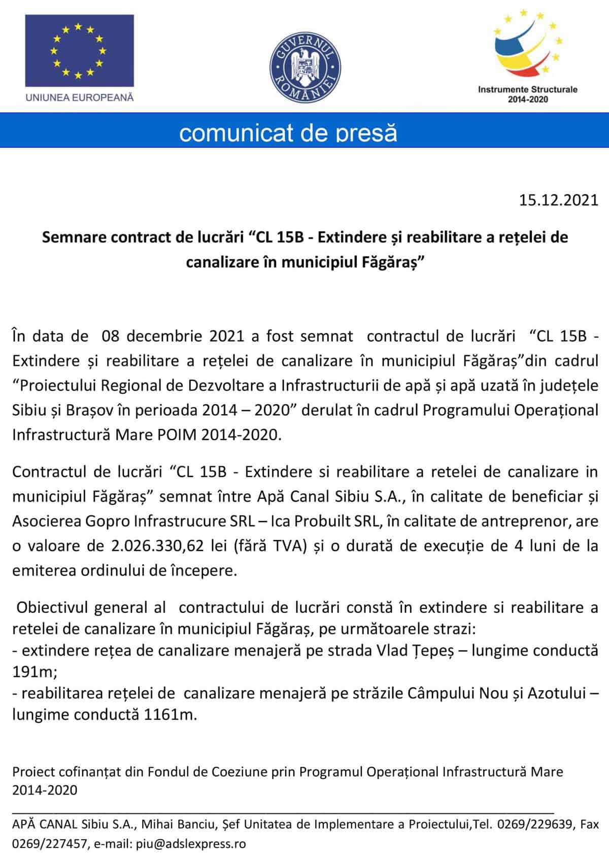 semnare contract de lucrări “cl 15b - extindere și reabilitare a rețelei de canalizare în municipiul făgăraș”