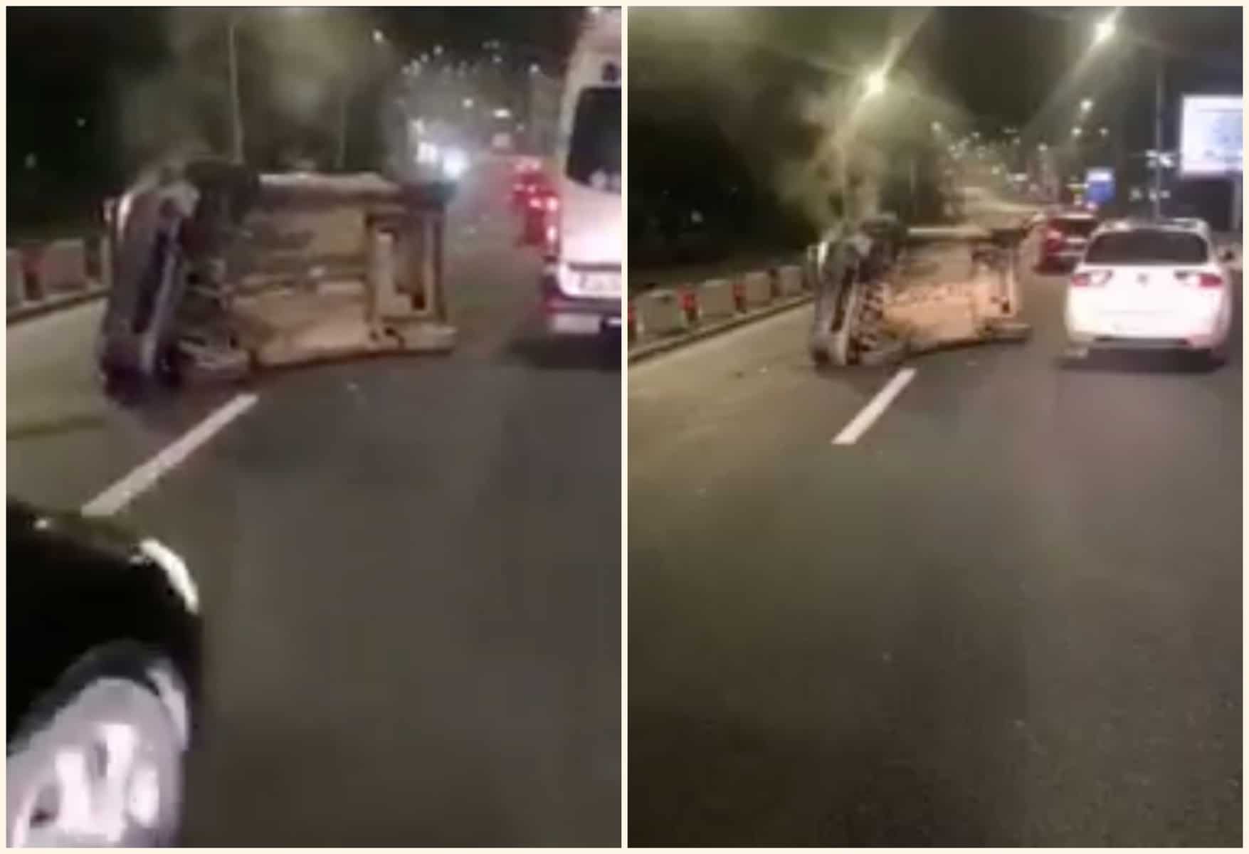 video: un șofer s-a răsturnat cu mașina pe șoseaua alba iulia după ce a lovit parapetul