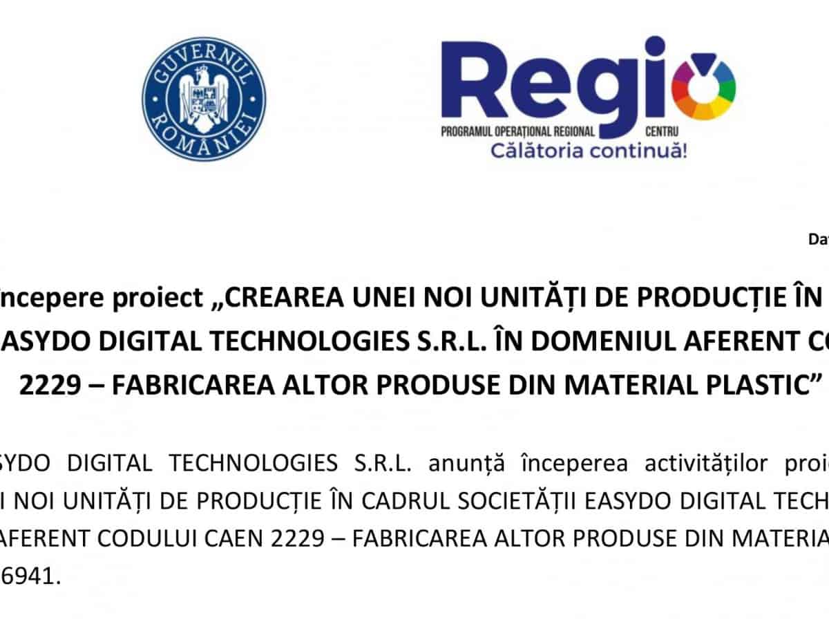 anunț începere proiect „crearea unei noi unități de producție în cadrul societății easydo digital technologies s.r.l. în domeniul aferent codului caen 2229 – fabricarea altor produse din material plastic”