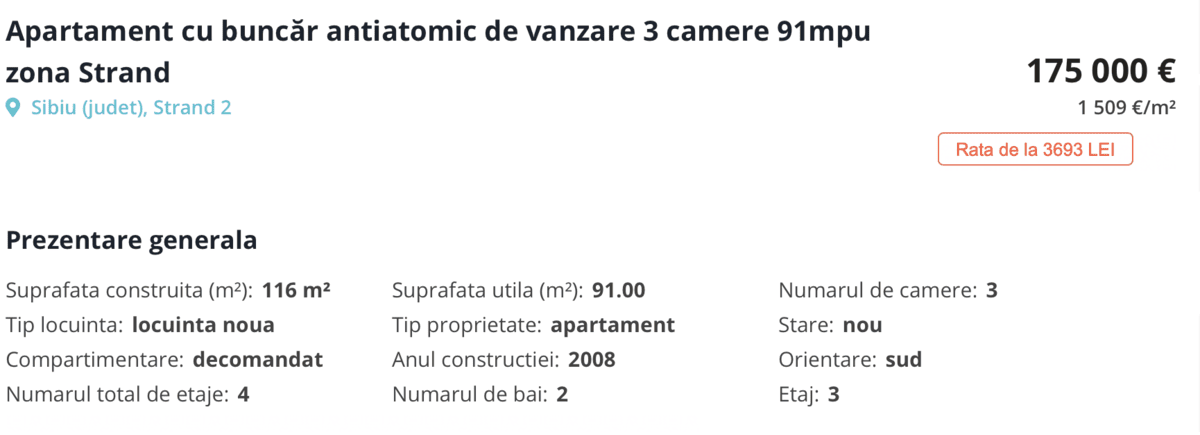 un sibian vinde un apartament prevăzut cu buncăr antiatomic - prețul e 175.000 euro