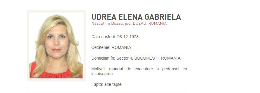 Elena Udrea pe lista ”Most Wanted” a Poliției Române