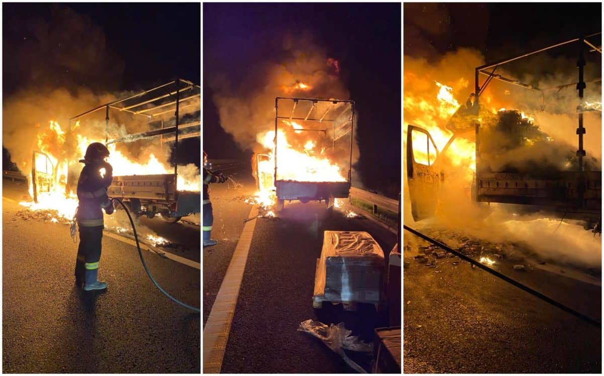 foto autoutilitară în flăcări pe autostrada sibiu-sebeș - maşina transporta pet-uri