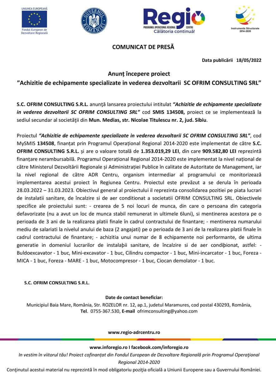 anunț începere proiect ”achizitie de echipamente specializate in vederea dezvoltarii  sc ofrim consulting srl”