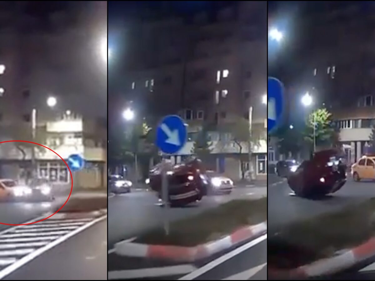 video: accident spectaculos într-un giratoriu din sibiu - o mașină se răstoarnă după ce e lovită de un taxi