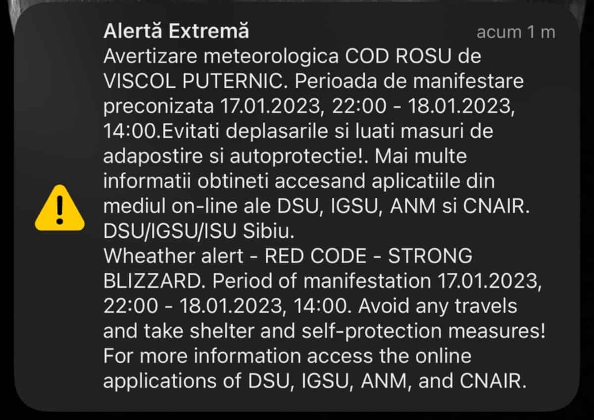 cod roșu de viscol puternic în sibiu - sibienii au primit pe telefoane o avertizare ro-alert