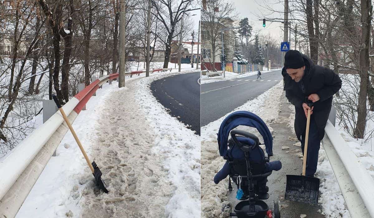 VIDEO Directorul spitalului TBC a deszăpezit cu lopata trotuarul de pe strada Avrig - „Încerc să dau un exemplu...”