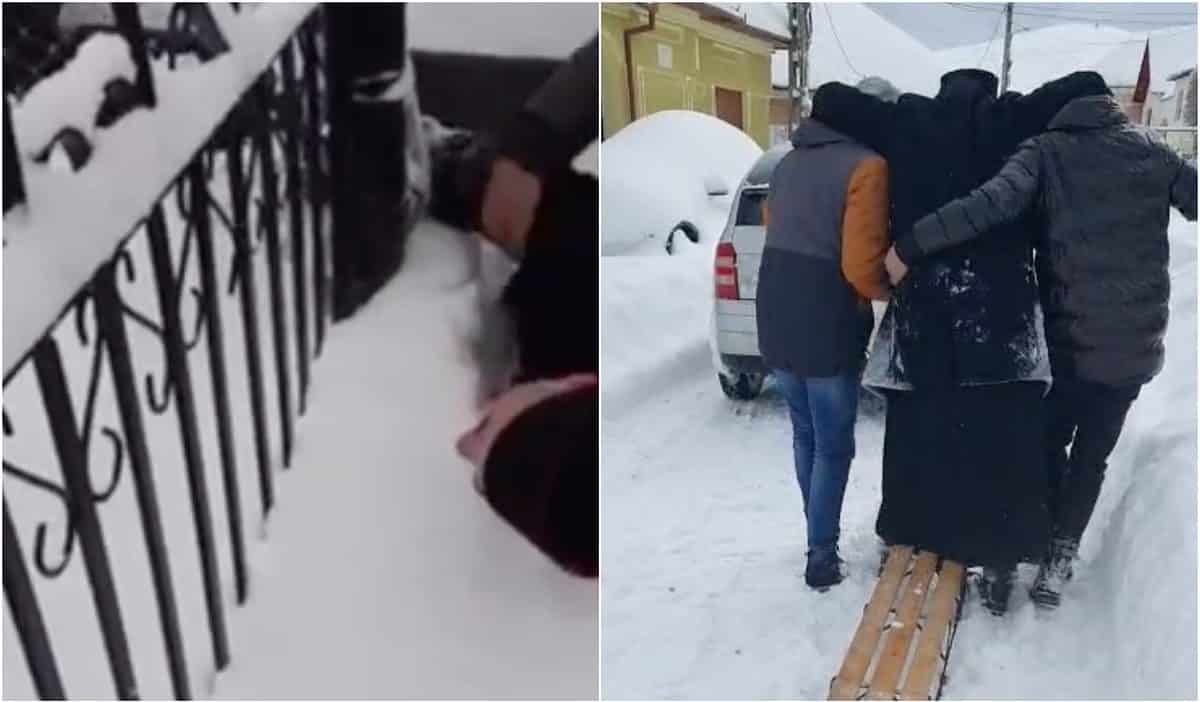 VIDEO: Preotul din Poiana Sibiului și-a rupt piciorul în cimitir - Cărat cu sania de enoriași - „Zăpada nu era curățată”