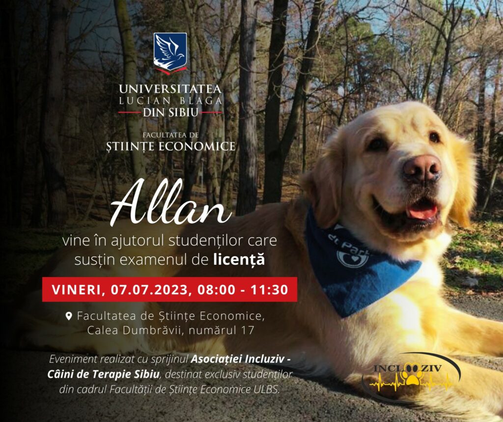 Allan, cățelul de terapie, alături de studenții de la Facultatea de Științe Economice din Sibiu - Îi susține emoțional înainte de licență