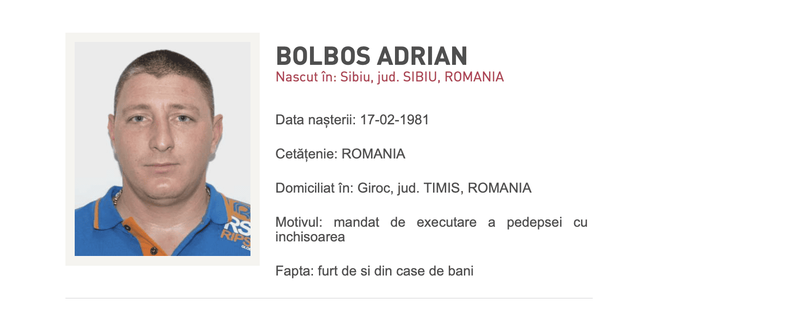 Sibian condamnat la 9 ani și 7 luni de închisoare, prins în Franța. Era dat în urmărire internațională