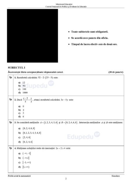 simularea națională 2024 - lista cu subiectele la proba de matematică