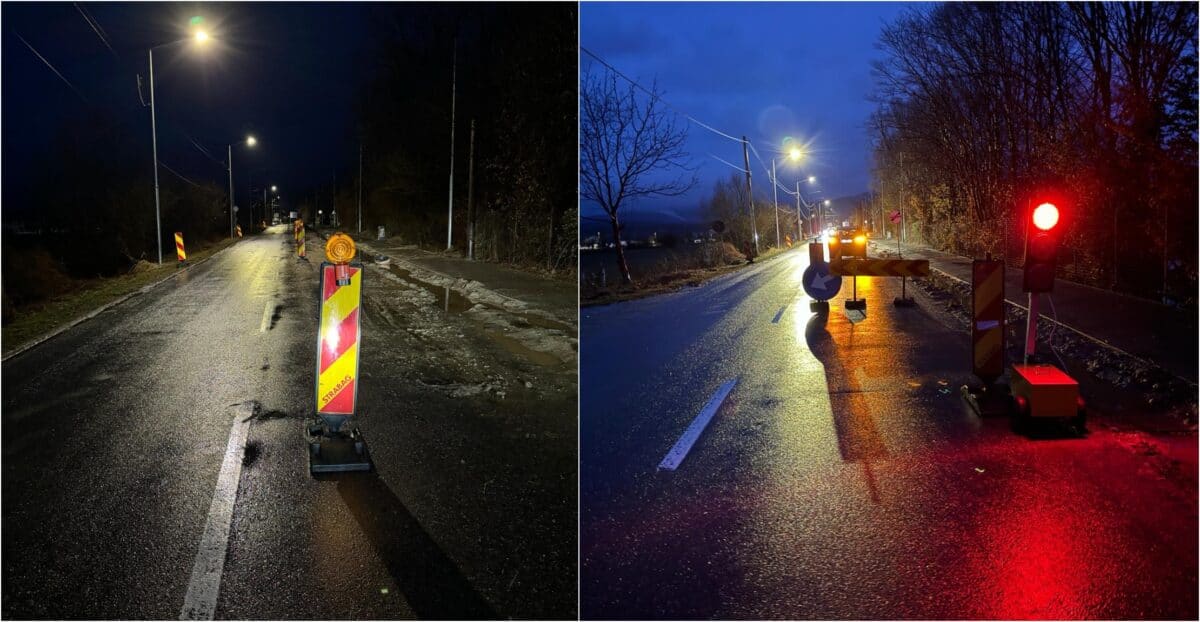 Drumul județean dintre Sibiu si Cisnădie, deteriorat de aluviuni. Se circulă alternativ