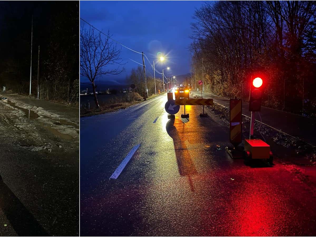 Drumul județean dintre Sibiu si Cisnădie, deteriorat de aluviuni. Se circulă alternativ