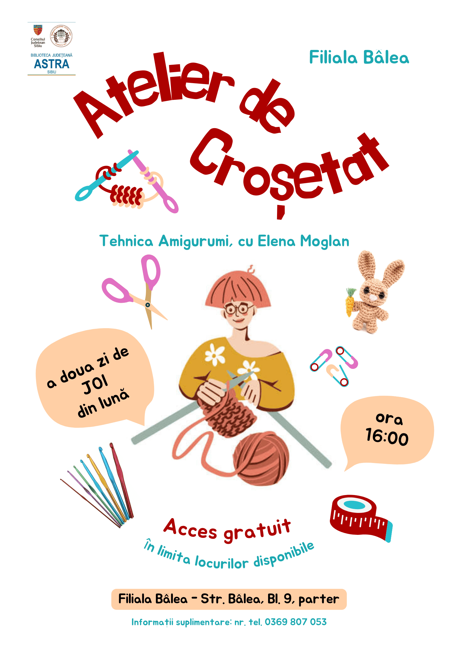 biblioteca astra sibiu organizează un atelier lunar de croșetat