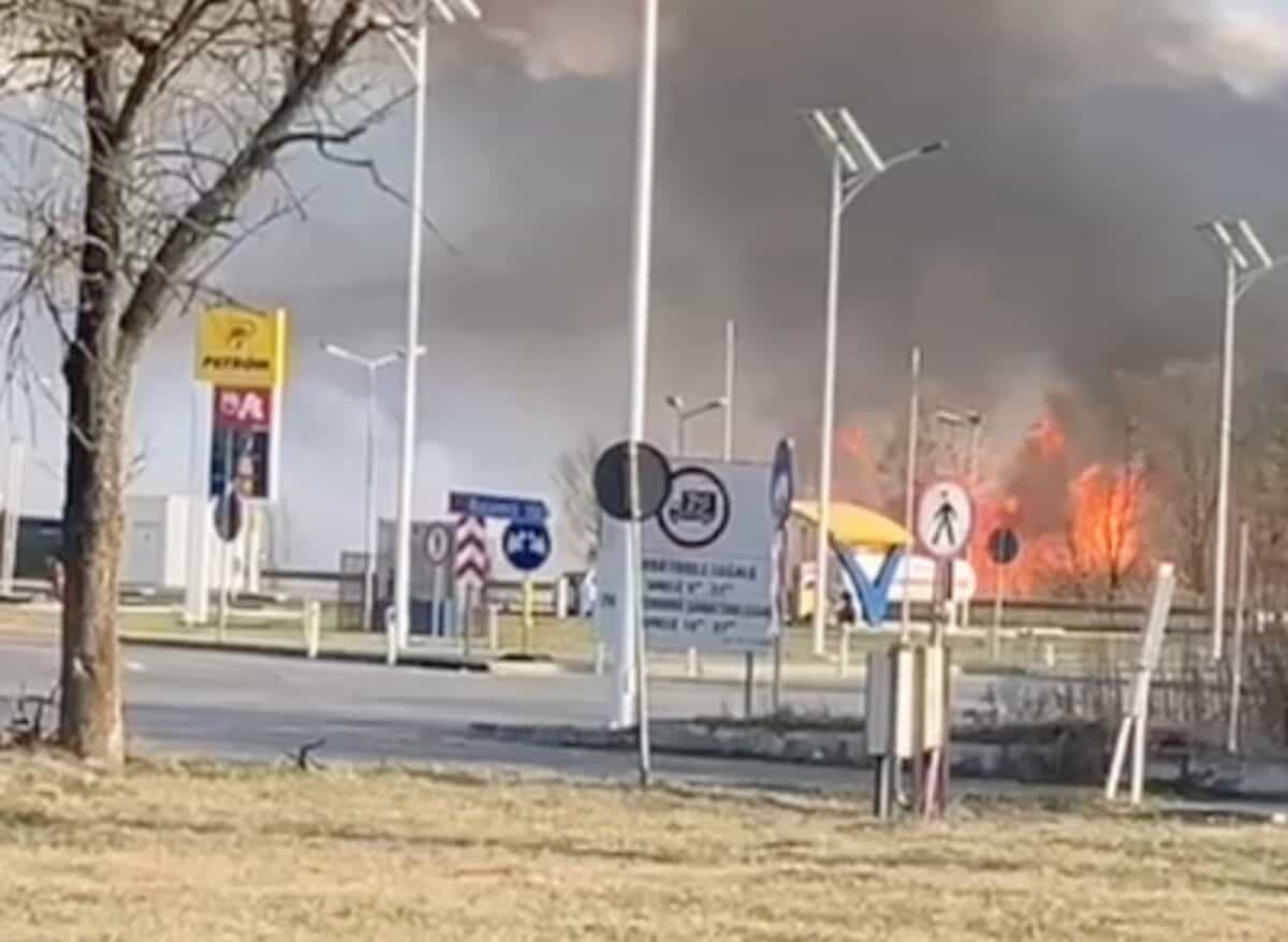 La un pas de o catastrofă. Incendiu de vegetație la câțiva metri de o benzinărie de pe DN1 la Veștem (video)