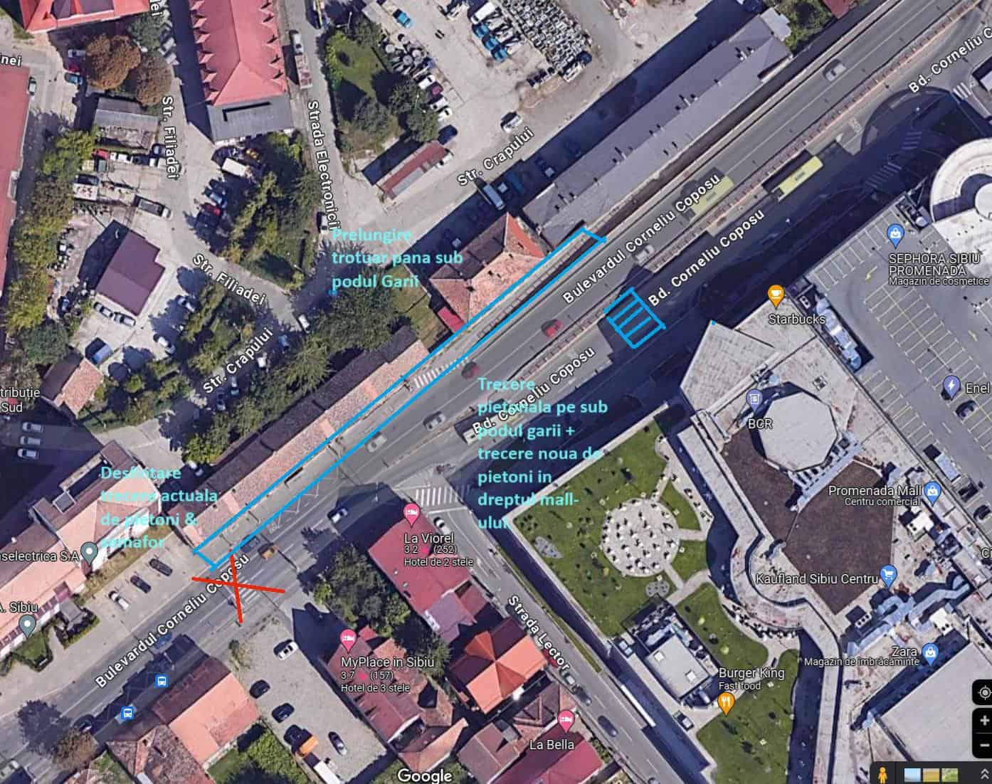 desființarea trecerii de pietoni și prelungirea trotuarului pe sub podul gării, propunerea unui sibian pentru fluidizarea traficului în zonă