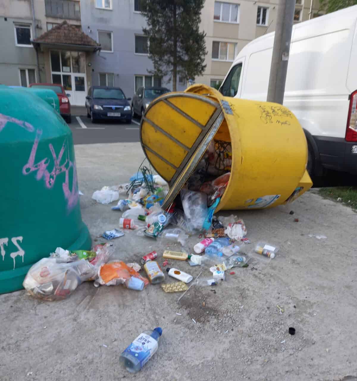 o latură neplăcută a sistemului returo în sibiu: pubele răsturnate, deșeuri răvășite, mizerie prin cartiere