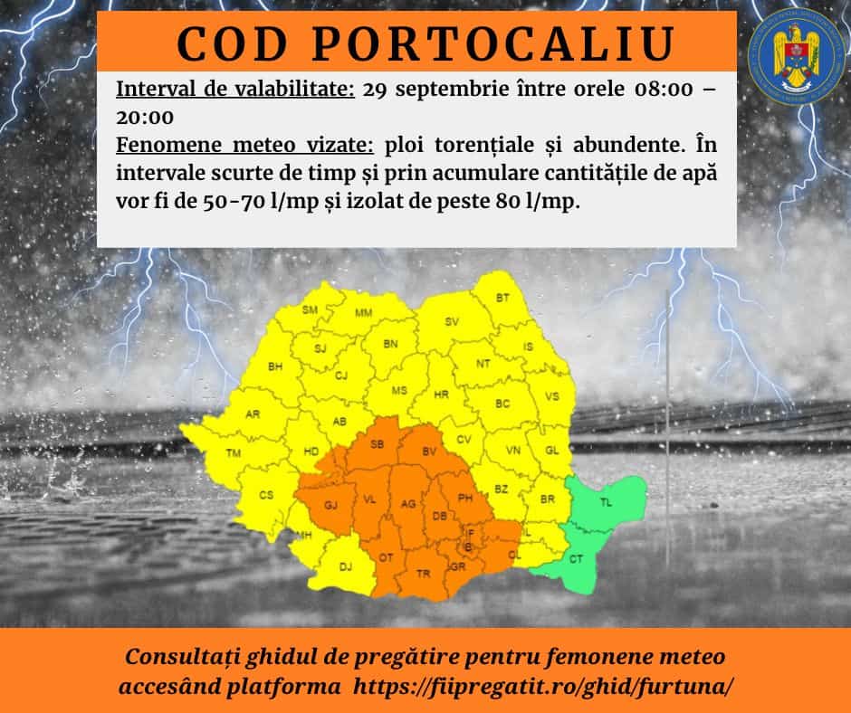 Cod portocaliu de ploi în județul Sibiu. Recomandările pompierilor