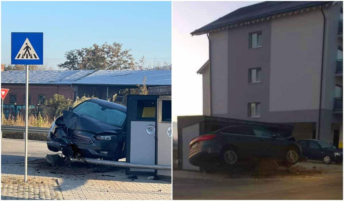 accident ca în filmele cu cascadori la șelimbăr. a „cocoțat” mașina pe o movilă (foto)