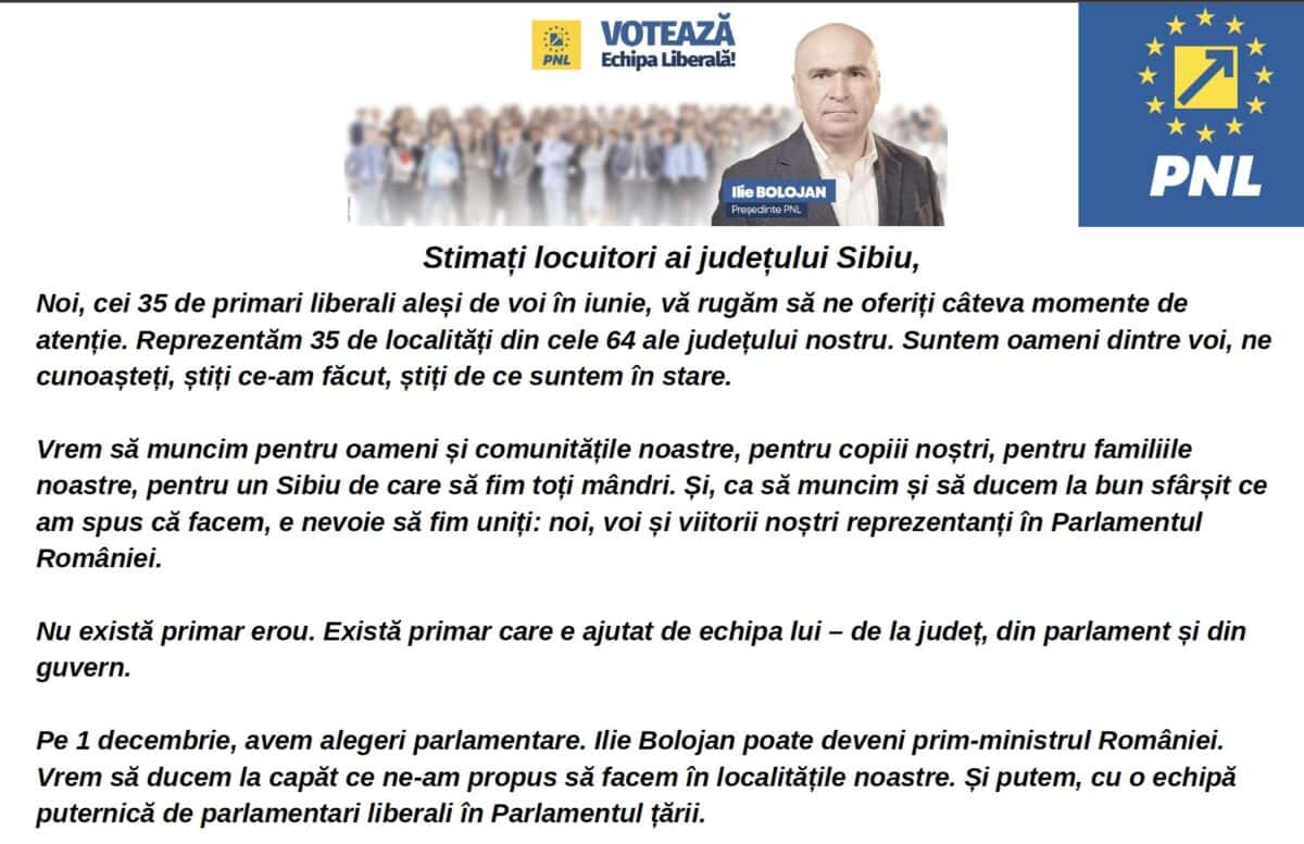 Scrisoarea primarilor PNL către locuitorii județului Sibiu