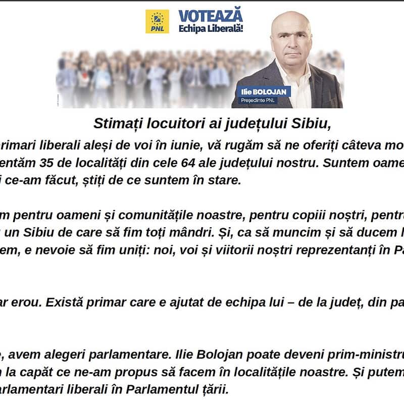 Scrisoarea primarilor PNL către locuitorii județului Sibiu