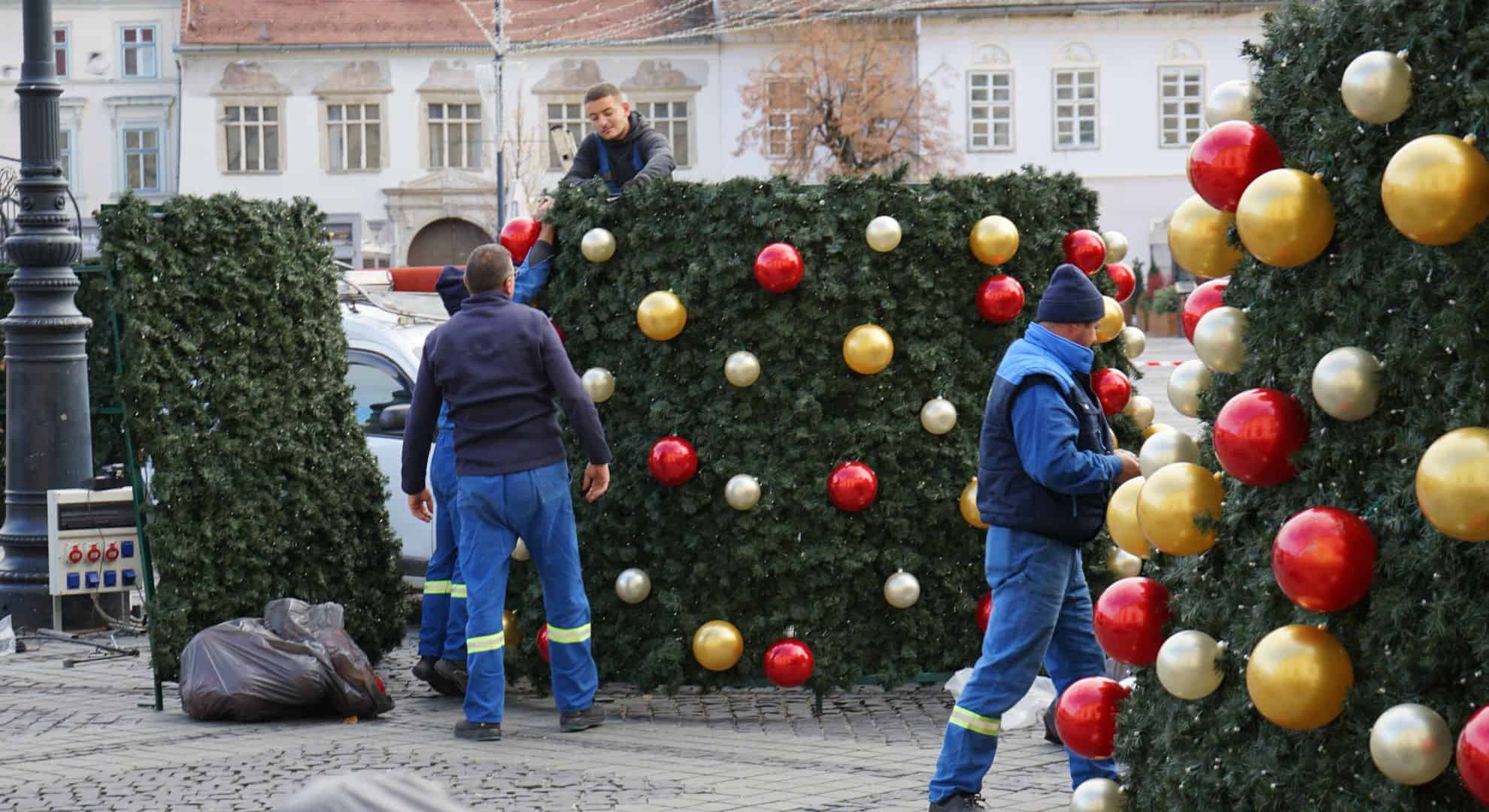 magia sărbătorilor prinde viață la sibiu. bradul din târgul de crăciun este aproape gata (video, foto)