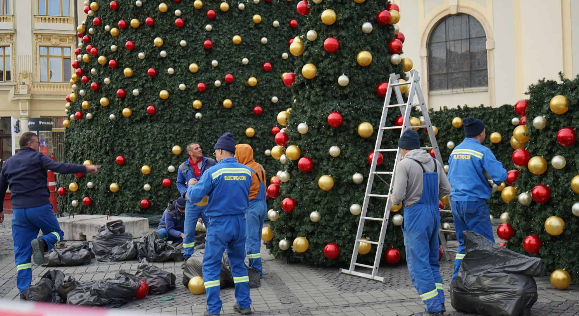 magia sărbătorilor prinde viață la sibiu. bradul din târgul de crăciun este aproape gata (video, foto)